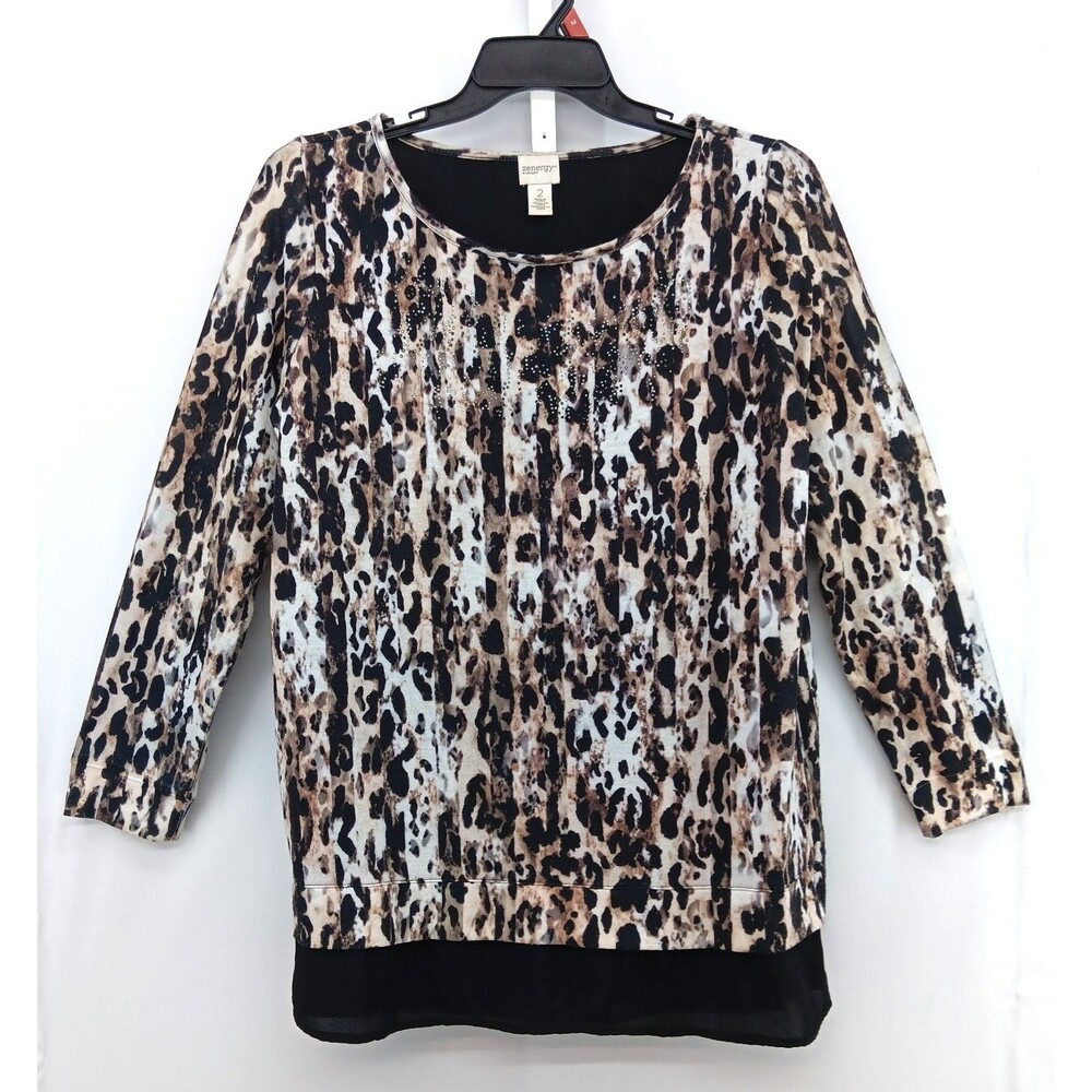 Zenergy by Chicos Blouse Women Size 2 Animal Print Beaded 3/4 Sleeve Round Neck